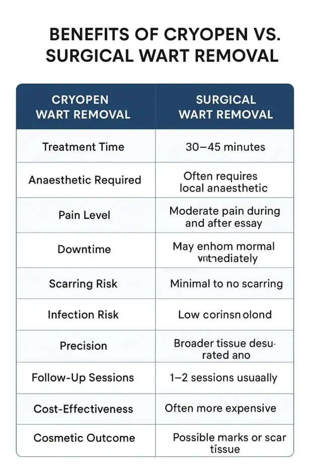 Table showing the benefits of cryopen to remove warts Redditch compared to surgical treatment